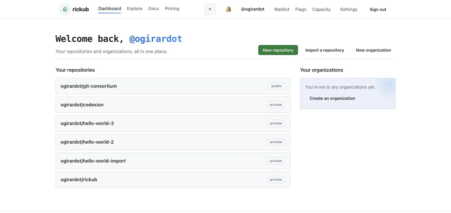 The rickub dashboard after signing in, listing your repositories and organizations