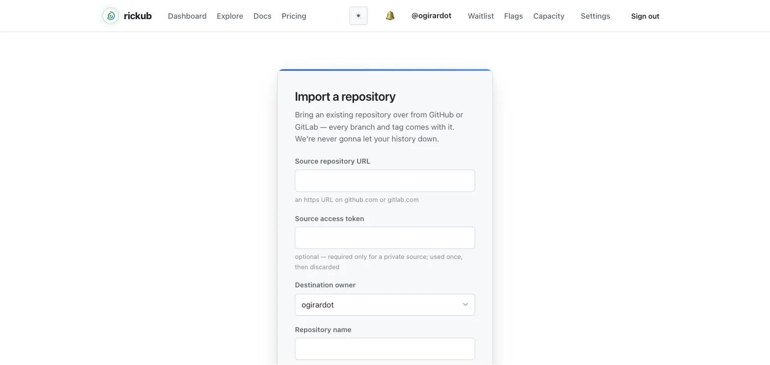 The import-a-repository form with a source URL, access token, destination owner, name and visibility