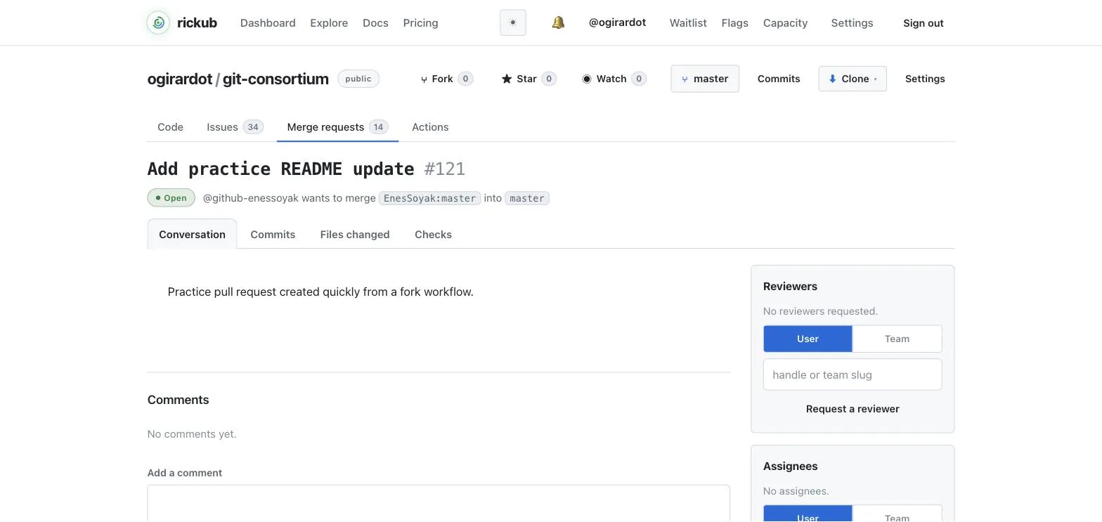 A merge request showing its conversation, tabs for commits, files changed and checks, and a sidebar for reviewers and assignees