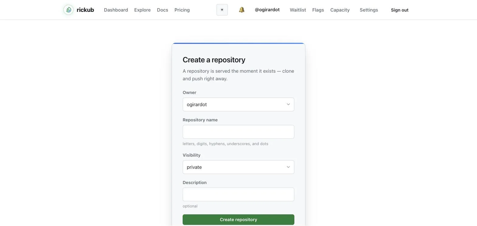 The create-repository form with name, description and visibility fields