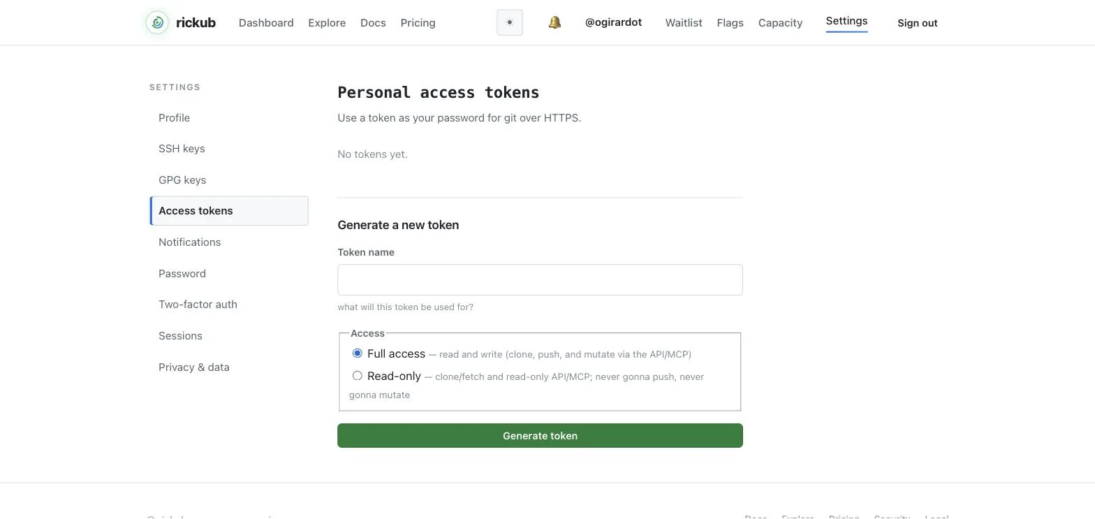 The personal access tokens settings page, with a name field and a Full access / Read-only choice