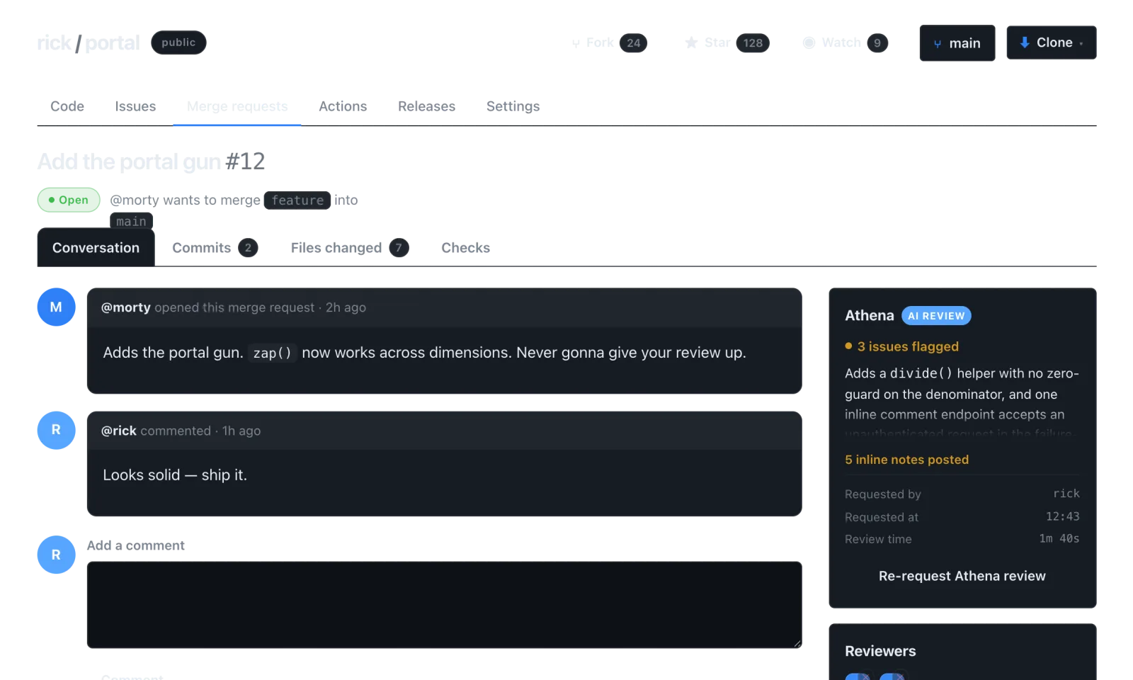 A merge request with the Athena AI review panel