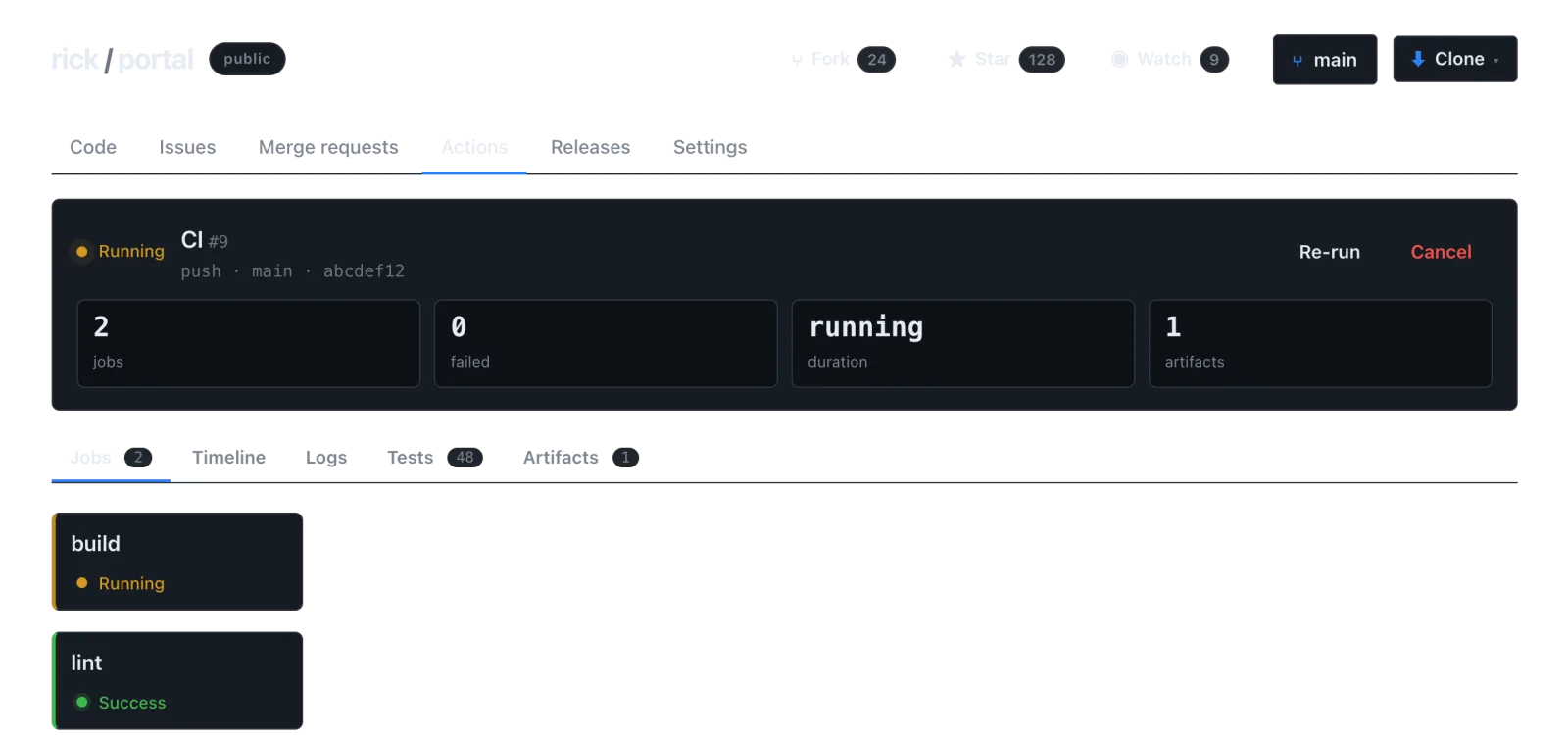 A CI run page with jobs, logs and a tests tab