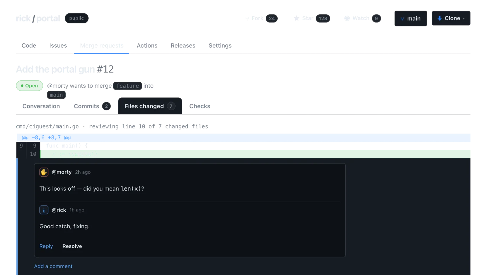 A merge request diff with inline review comments