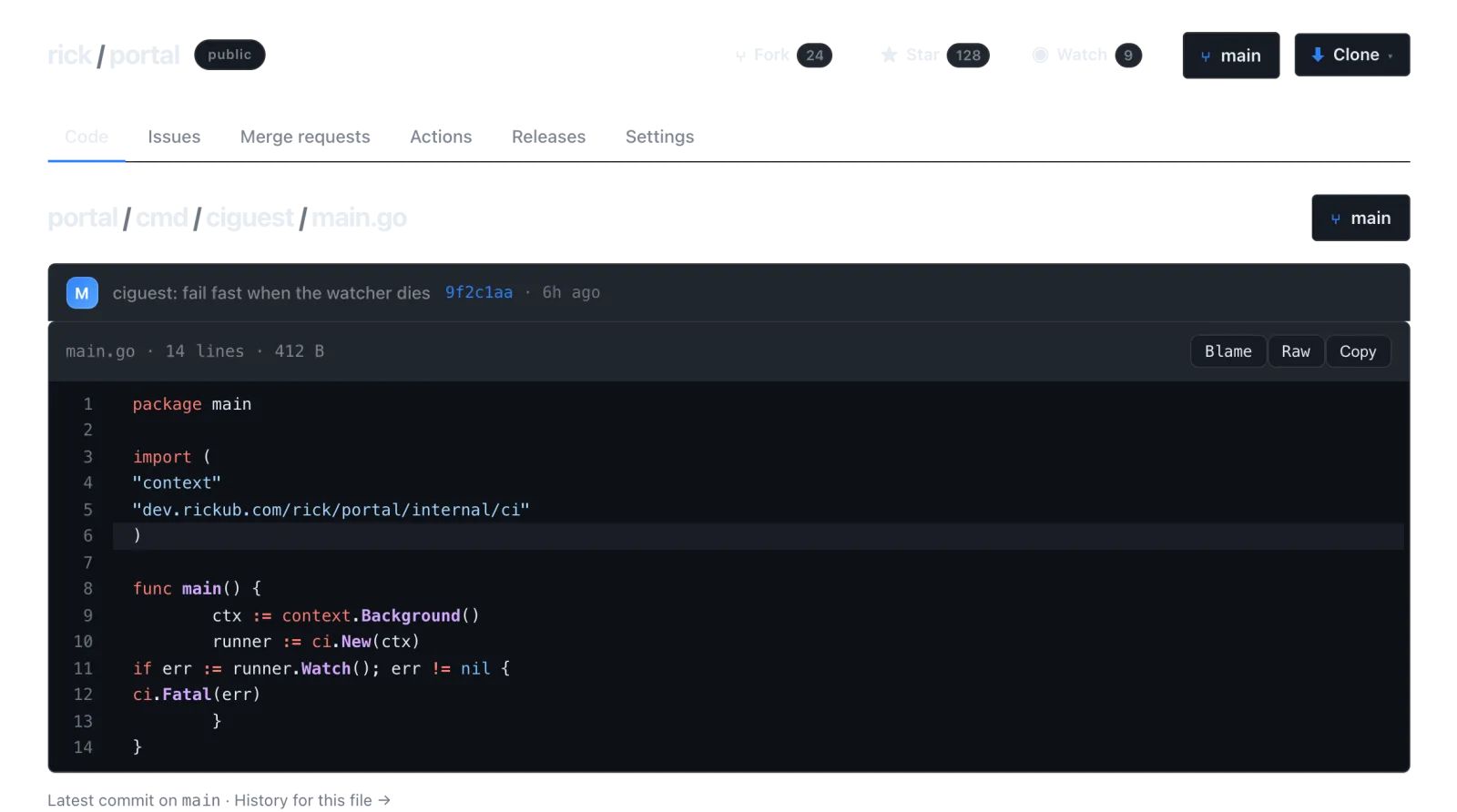 Browsing a Go file with server-side syntax highlighting