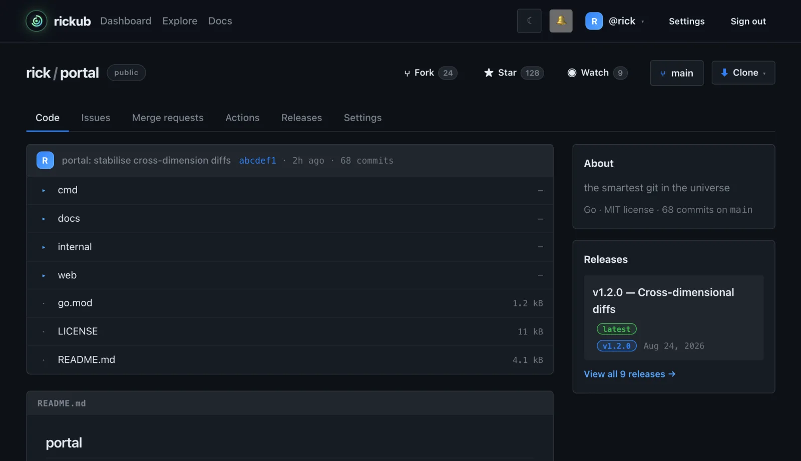 A repository on rickub: README, file tree, latest commit, CI status and releases